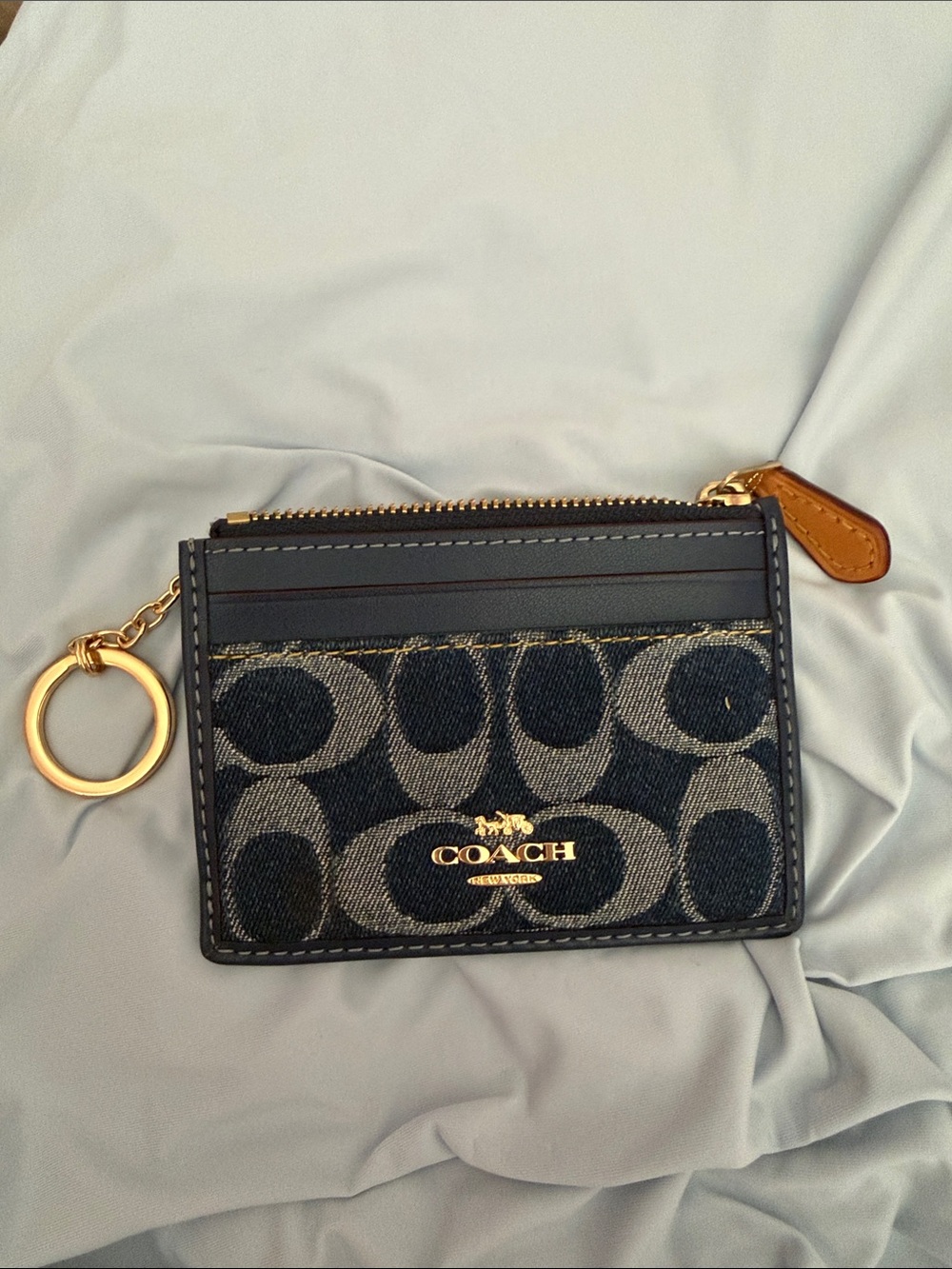 Coach Navy Signature Canvas Card Holder with Gold Key Ring